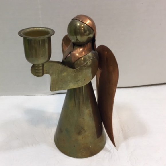 Brass Copper Angel Single Candle Holder Christmas 6" Vintage - Picture 2 of 14